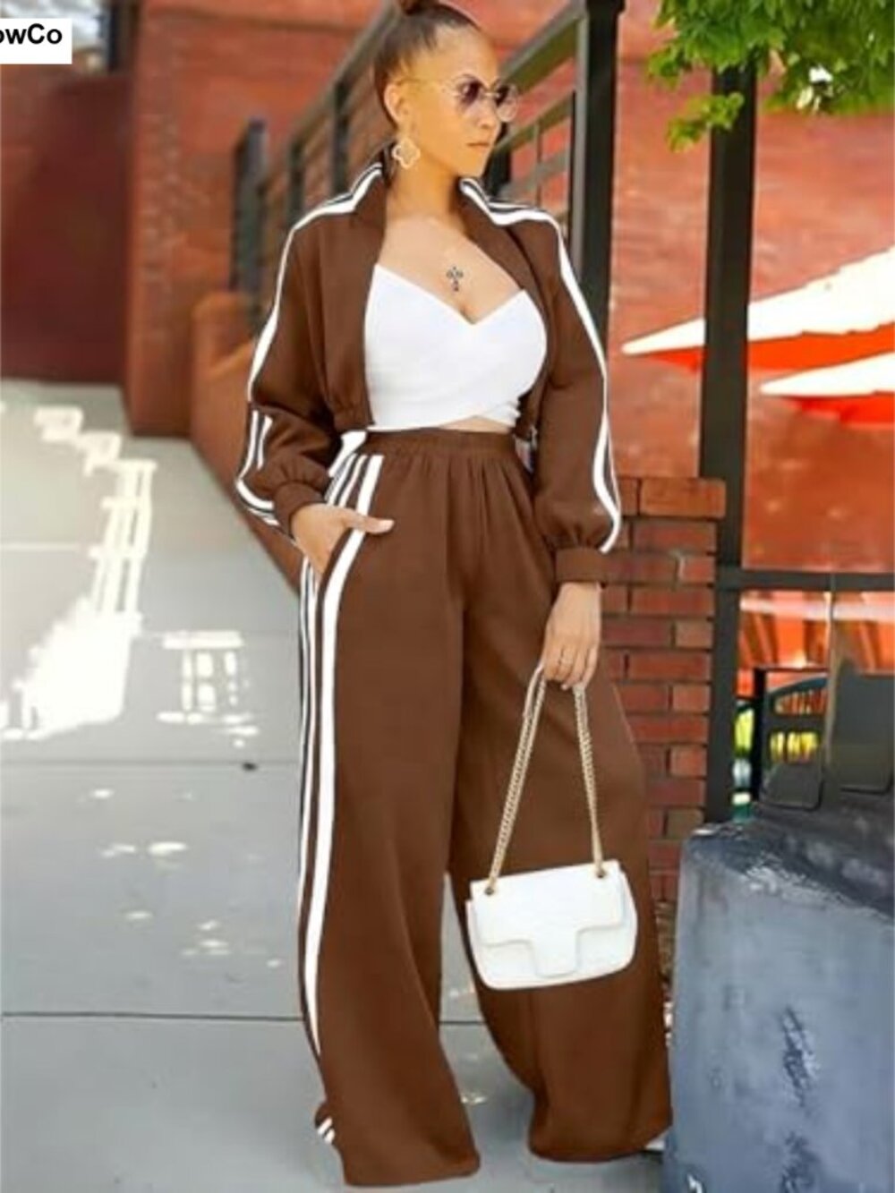 Women 2 Piece Sweatsuit Striped Crop Zip Jacket Wide Leg Sweatpants Set - Picture 5 of 6